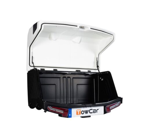 Cofre trasero Towbox V3 en color blanco abierto, sin instalar en coche