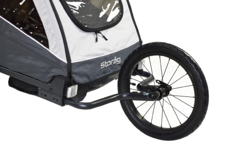 detalle de rueda delantera opcional del remolque para niños de bici gris
