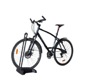 Soporte de suelo para bicicleta con sujeción de la rueda y bici instalada