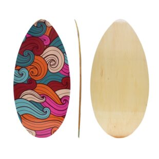 Vista frontal, perfil y trasera de Skim Board con estampado de olas de colores