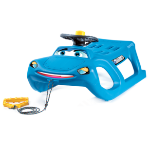 Trineo con forma de coche, de color azul, con volante y tirador