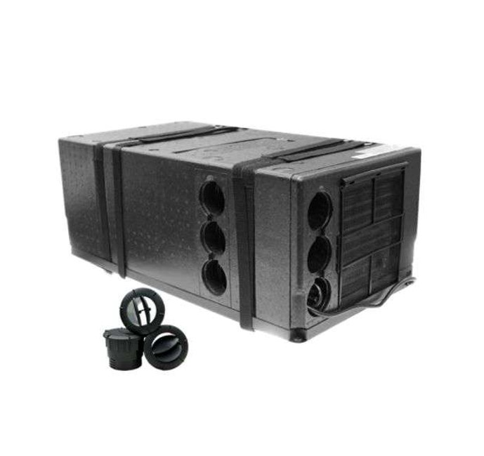 Aire-acondicionado-ir-air-25-2 Fondo blanco y aire acondicionado caja rectangular negra con boquillas de aire