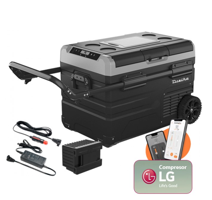 Nevera-compresor-35-litros-Dreiha-CBX35-LR nevera Dreiha CBX35LR con sus accesorios y cartel de compresor LG