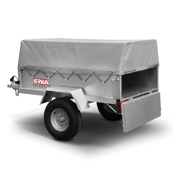 Erka-838-con-toldo-alto-3 Remolque con toldo alto para coche Erka 838 con cartola trasera abierta