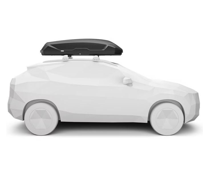 Cofre-techo-Thule-Pulse-L-2 Vista lateral de cofre de techo Thule Pulse L instalado en coche